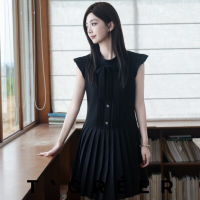 T`CREER｜玉阶春  夏季小飞袖单排扣压褶收腰显瘦衬衫连衣裙女