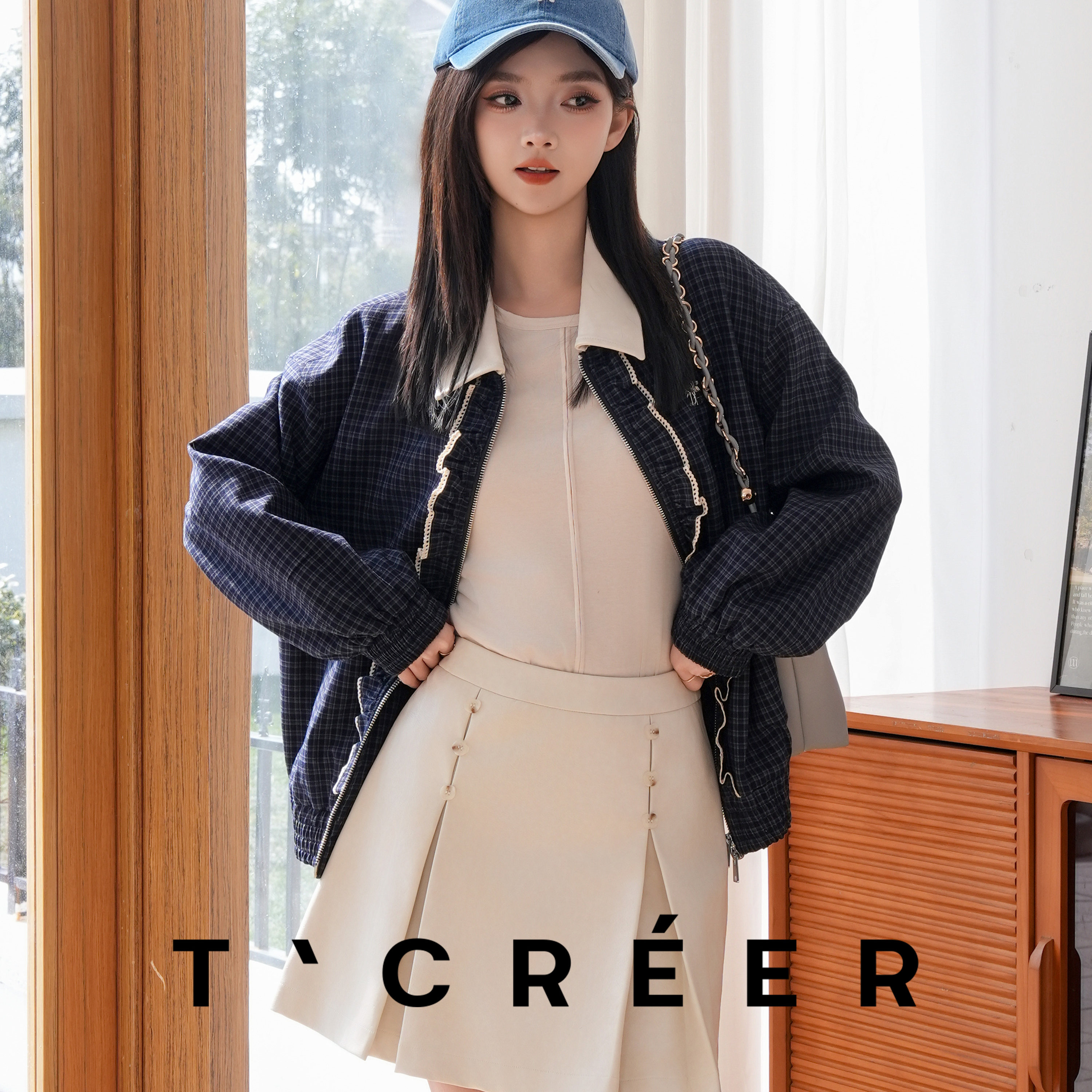 T`CREER｜【水星记】春季复古休闲格纹花边设计翻领百搭上衣女