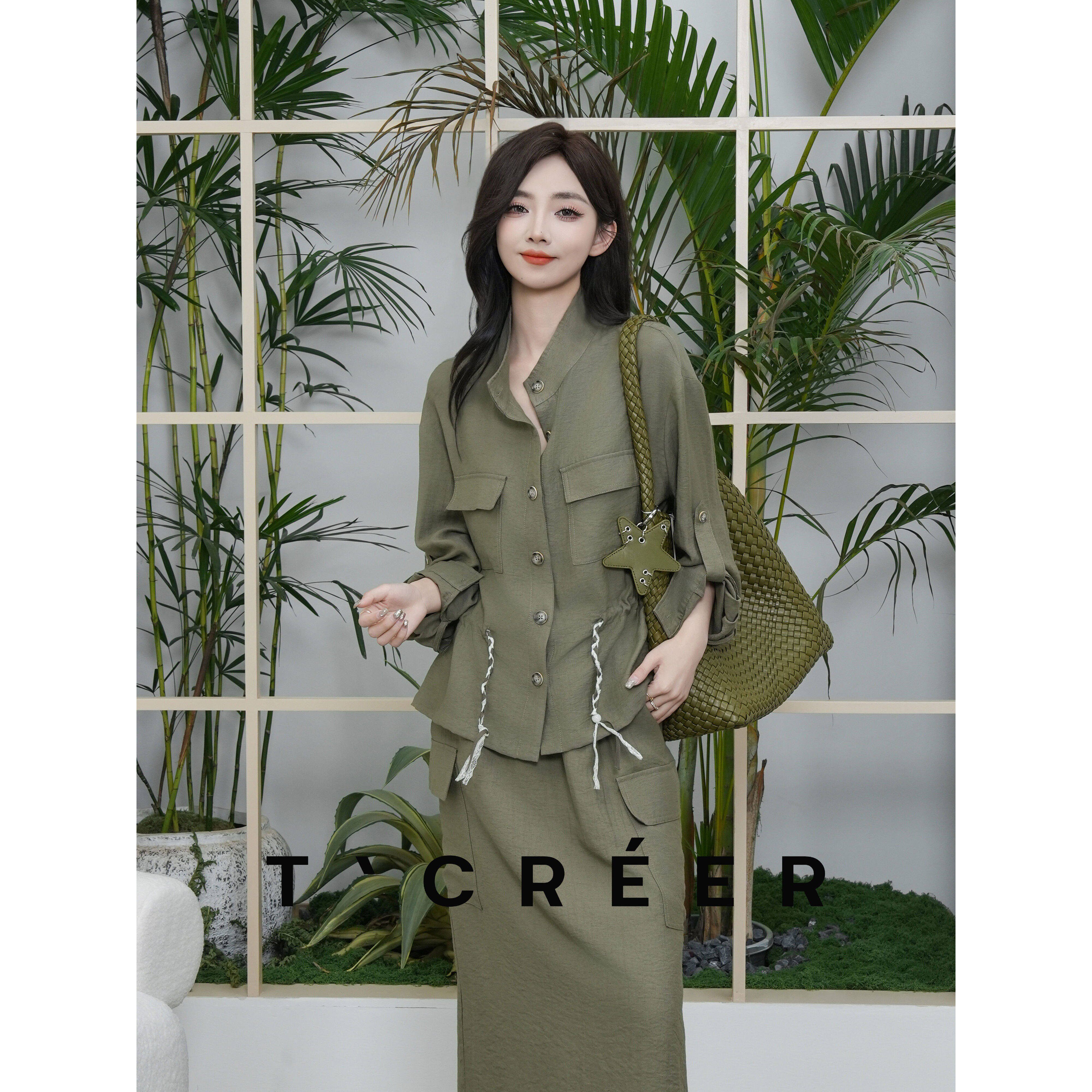 T`CREER 雨落苔青 军绿肌理感工装套装女夏季舒适透气气质两件套