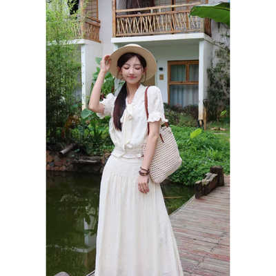 T`CREER｜【半岛弥香】夏日白色提花波点花边套装裙女