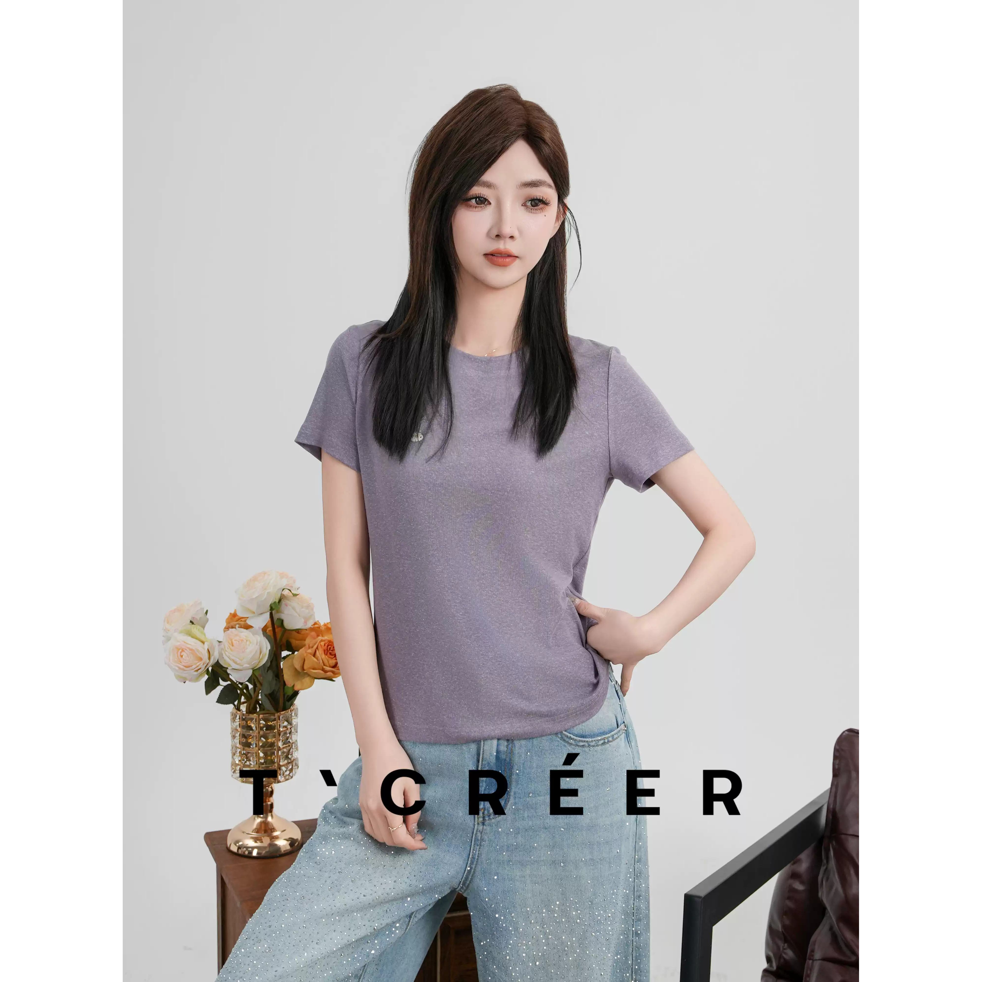 T`CREER｜【漫时光】设计感肌理感短袖纯色百搭日常通勤打底衫图片