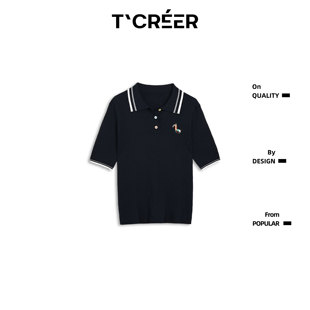 T`CREER｜ 清宵安渡 韩系竖纹坑条polo衫撞色刺绣小马短袖针织衫