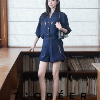 T`CREER｜西部往事 复古工装风深蓝色明线透气牛仔套装女