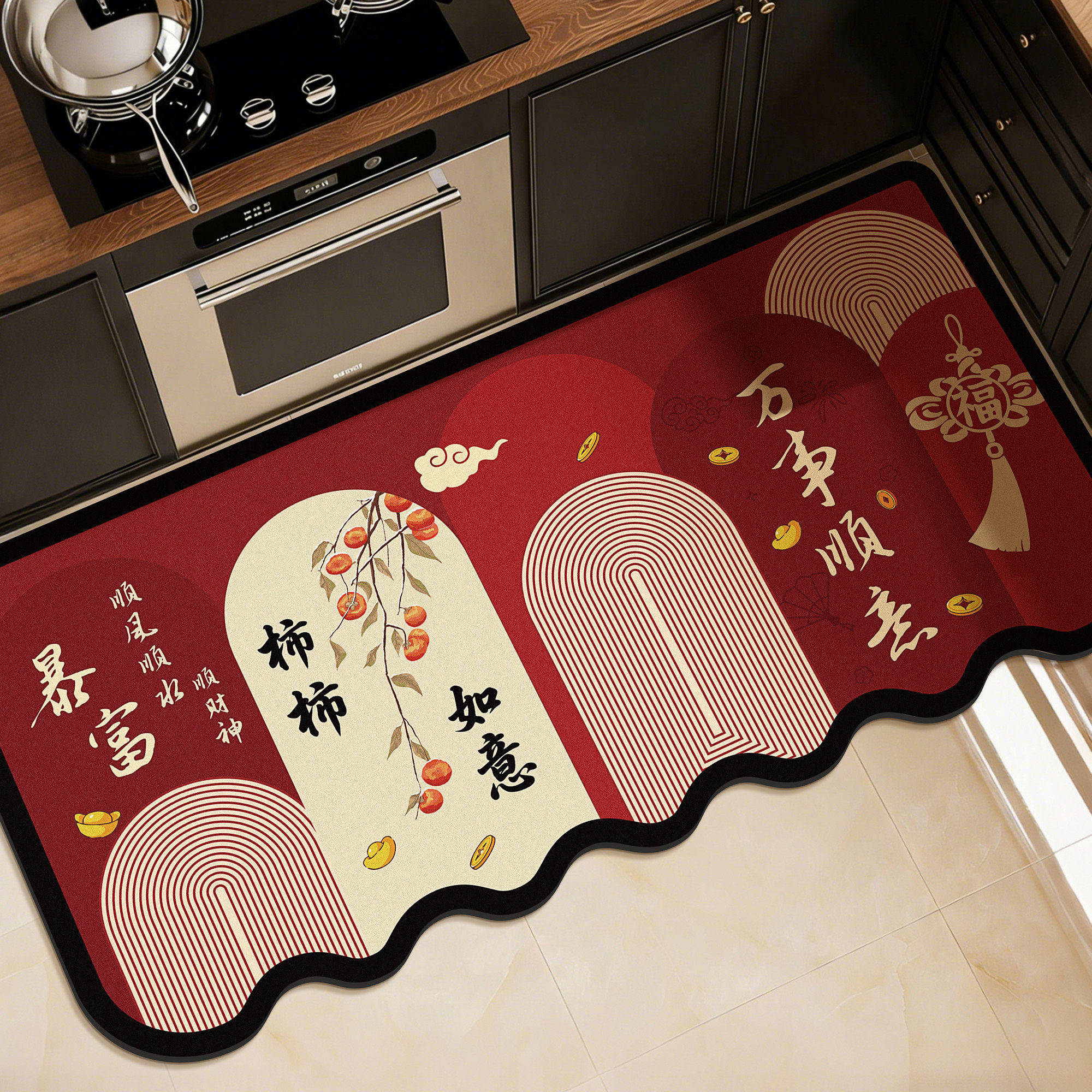 厨房地垫防滑吸油可擦免洗吸水专用硅藻泥地毯脚垫红色喜庆新中式,居家布艺,厨房地垫,淘宝优惠券,粉丝福利购,淘宝优惠卷