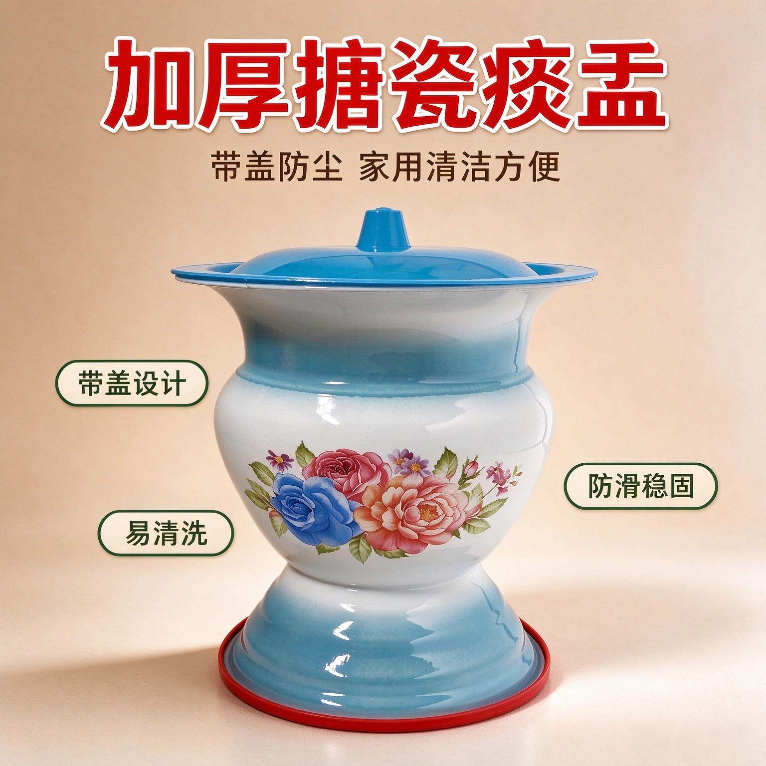 痰盂坐便器成人尿盆女高脚尿桶带盖搪瓷防臭家用起夜老人卧室加厚