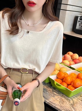 杏色方领短袖t恤女夏季薄款2025年新款正肩宽松半袖体恤棉麻上衣