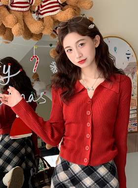 红色翻领针织衫女外搭2025秋季新款毛衣外套内搭长袖打底上衣修身