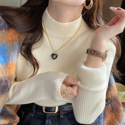 拉夏贝尔加绒加厚半高领打底衫女2025秋冬季新款修身内搭针织毛衣