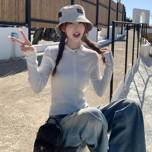 姣哥joygirl 白色POLO领针织开衫外套女外穿2026新款早春修身上衣