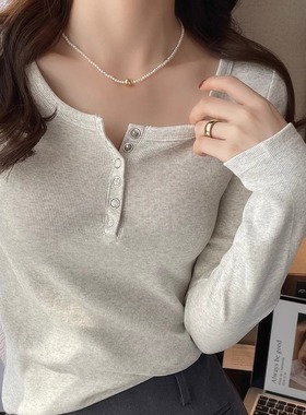 圆领打底衫女内搭2025春秋新款纯棉上衣修身灰色长袖t恤外穿显瘦