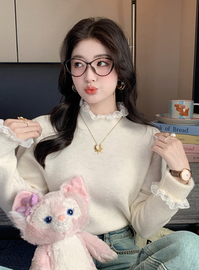 半高领加绒加厚蕾丝针织打底衫女内搭2025秋冬季新款毛衣保暖上衣