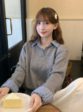 灰色POLO领打底衫女内搭2025秋冬季新款慵懒风假两件毛衣针织上衣