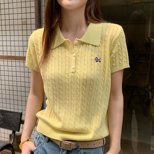 姣哥joygirl黄色翻领针织麻花短袖T恤女外穿2026春夏新款宽松上衣