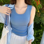 蓝色纯棉吊带背心女夏外穿修身 2025新款 宽肩带遮副乳内搭打底上衣