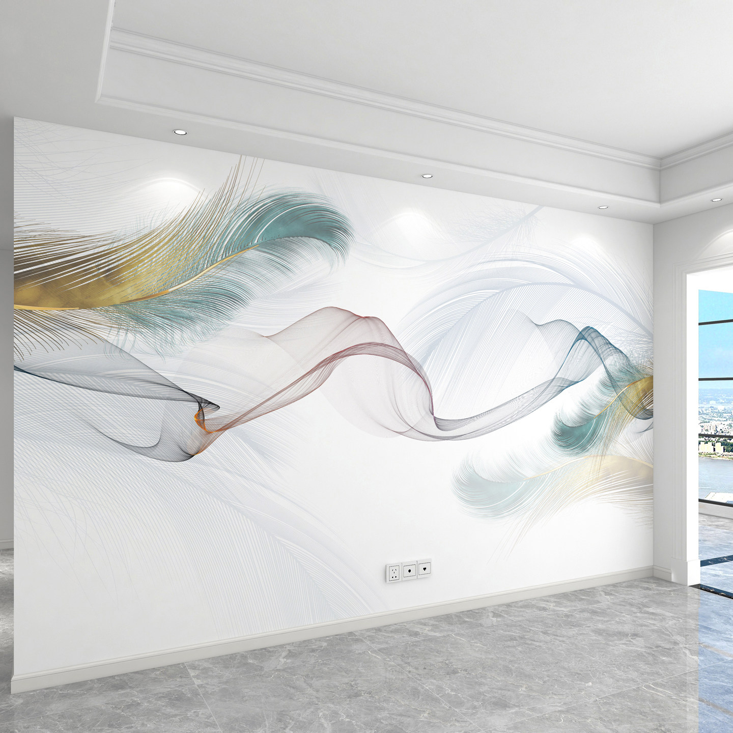 定制新款电视背景墙壁纸轻奢简约羽毛壁画3d立体壁布客厅影视墙布