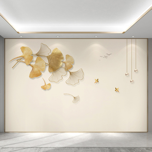 电视背景墙壁画新款 简约轻奢壁布定制银杏叶壁纸客厅沙发影视墙布