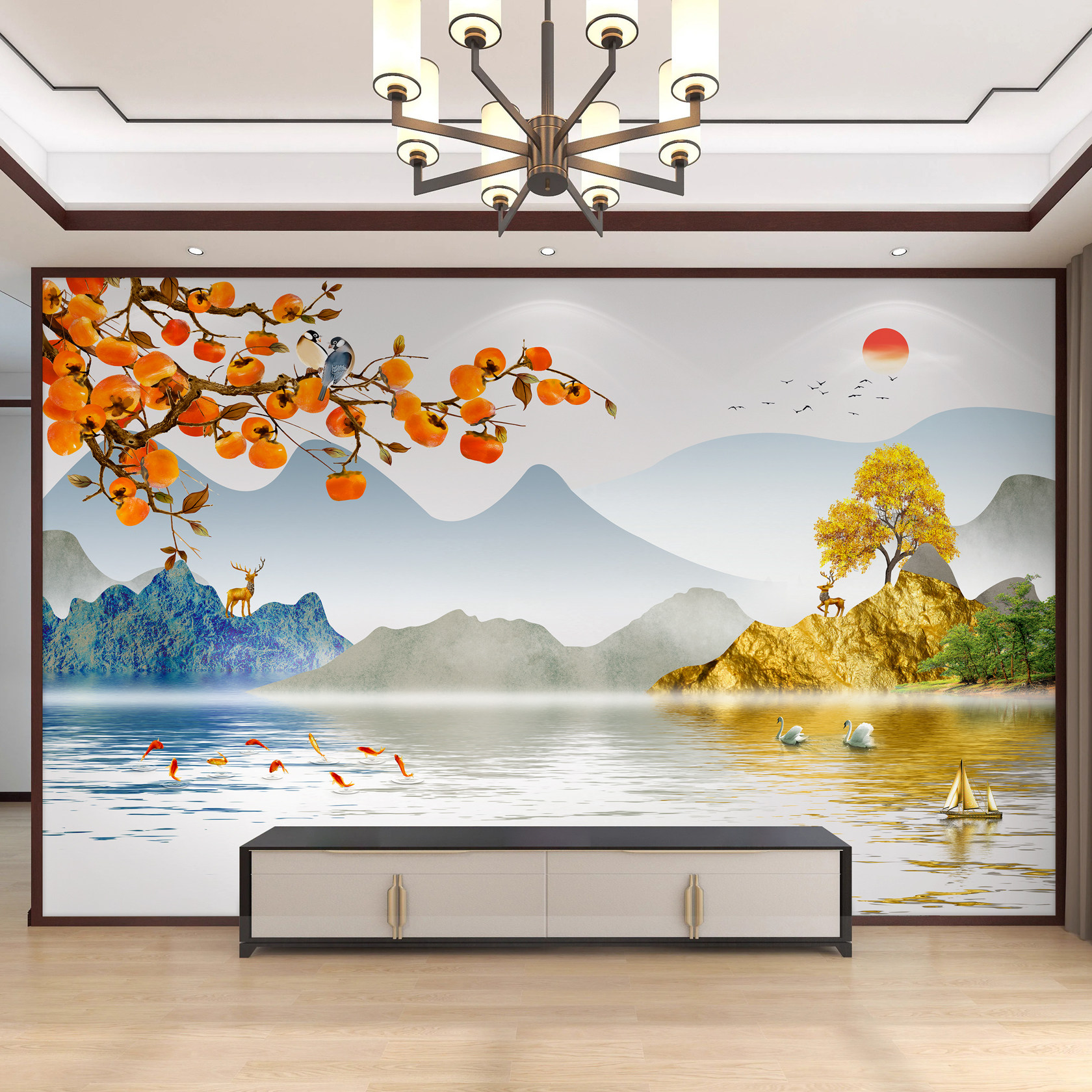 电视背景墙布柿柿如意中式山水壁画客厅沙发影视墙纸定制高端壁布,家装主材,定制壁画,淘宝优惠券,粉丝福利购,淘宝优惠卷