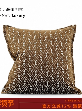 KANNAL1950s高端中古轻奢深咖色F字母割绒提花靠垫样板间别墅抱枕