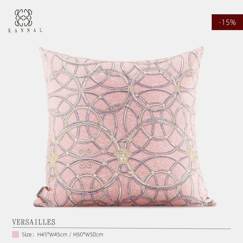新品『VERSAILLES』高级法式粉色金色复古头像几何抱枕别墅靠垫