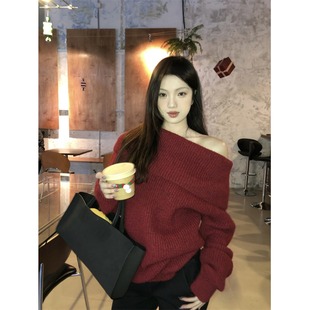 厚实宽松显瘦慵懒一字领毛衣斜肩毛衣 冬季 黑奶酪 BLACK