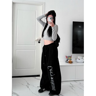 松弛感美式 jazz拖地裤 烫钻宽松爵士裤 休闲运动卫裤 阔腿裤 黑奶酪