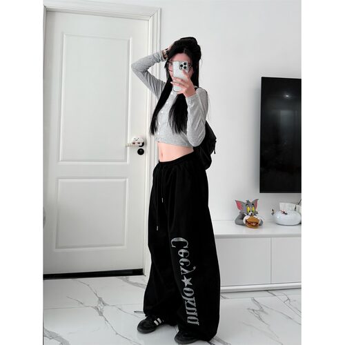 美式烫钻宽松爵士裤阔腿裤卫裤