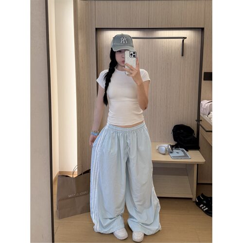 夏季美式刺绣三杠工装爵士阔腿裤