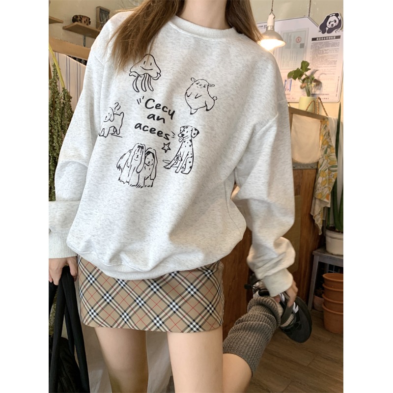韩系卡通图案印花宽松加绒卫衣