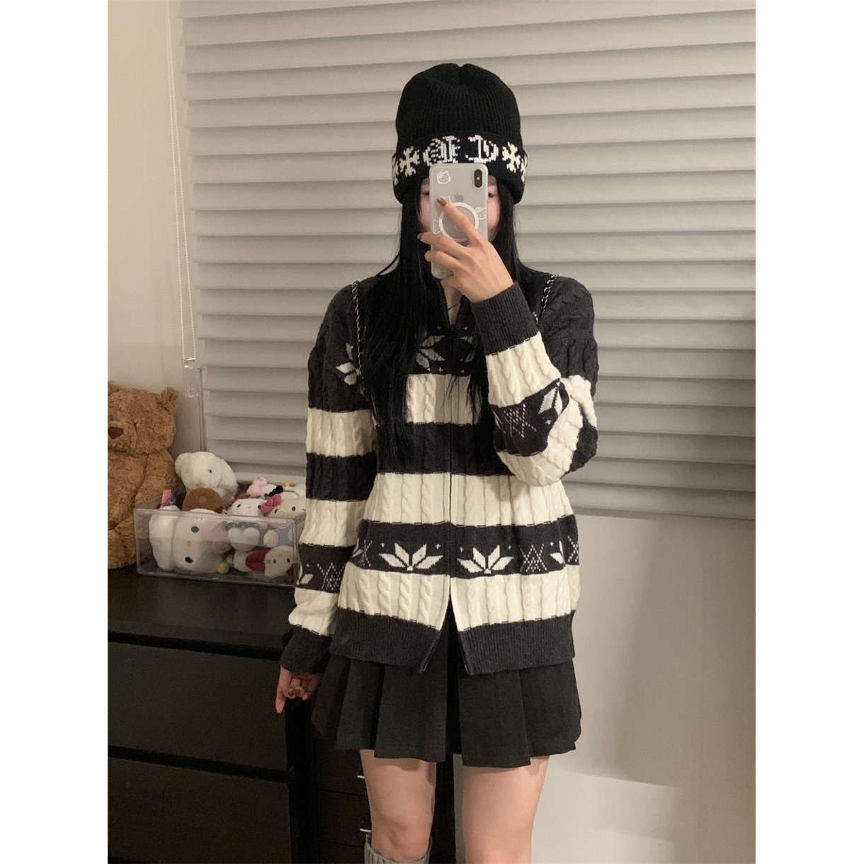 复古雪花条纹毛衣开衫拉链外套