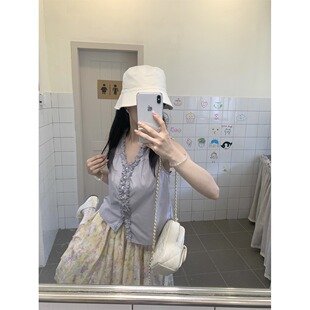 碎花蓬蓬伞裙中长款 V领衬衫 半身裙 设计感木耳边娃娃衫 黑奶酪