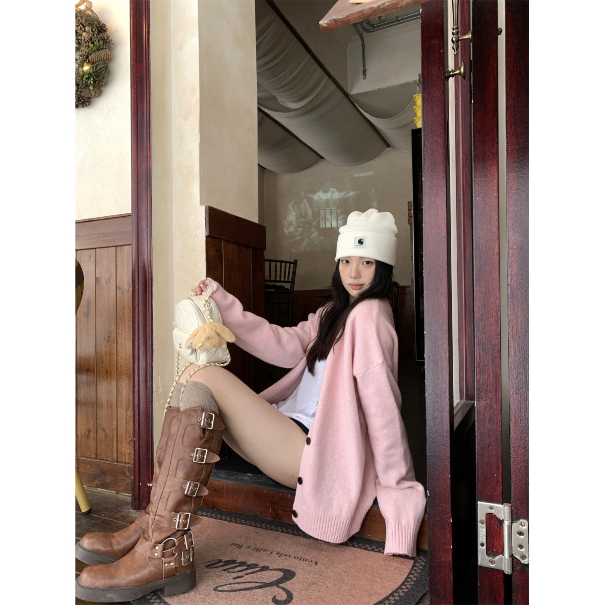 粉色V领宽松毛衣外套针织开衫