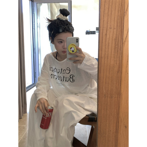 薄款长袖防晒罩衫斜肩字母T恤