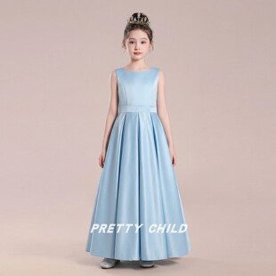女童公主裙无袖缎面长款演出服花童生日蓬蓬裙天蓝色小女孩礼服