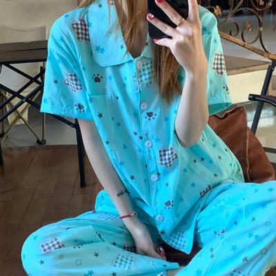 甜美少女风蓝色星星印花睡衣女春夏季新款舒适短袖长裤套装家厂家