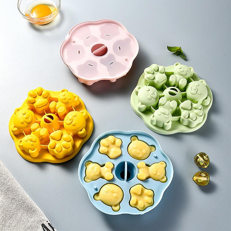 蒸糕模具硅胶带盖小熊雪糕果冻模具 宝宝辅食蒸糕硅胶模具果厂家