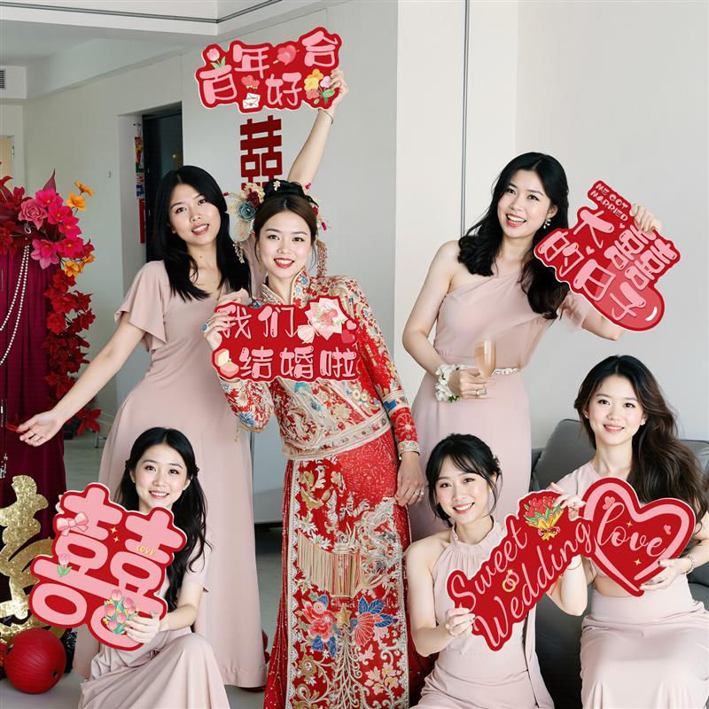 结婚拍照小道具女方手举牌婚礼新娘晨袍伴娘合影创意氛围出片厂家