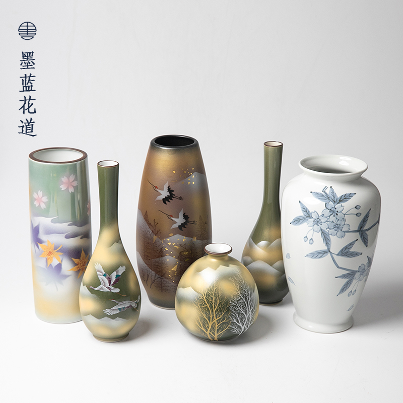 日本进口九谷烧彩绘陶瓷花瓶摆件日式花器插花器皿艺术装饰品摆件