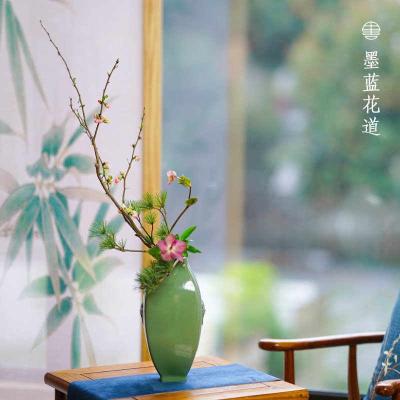 双耳狮面瓶文人调花瓶花器小原流插花花器投入瓶日式中式花道底座_虎窝淘