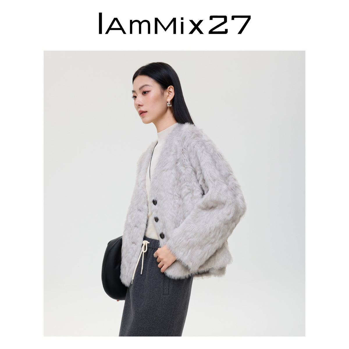iammix27冬季轻奢V领环保皮草