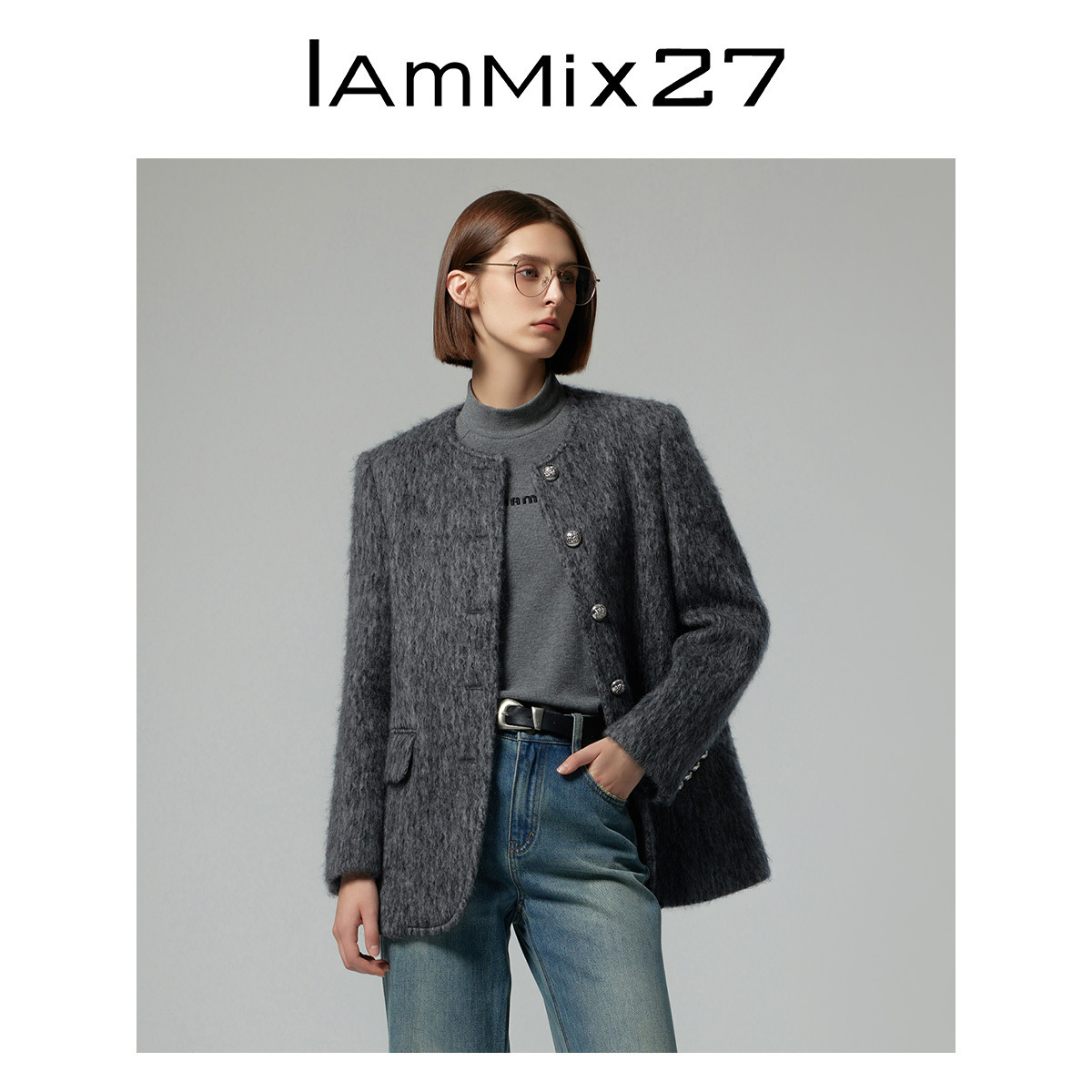 IAmMIX27秋冬圆领毛呢外套女灰色复古高级感加厚羊毛混纺休闲西服