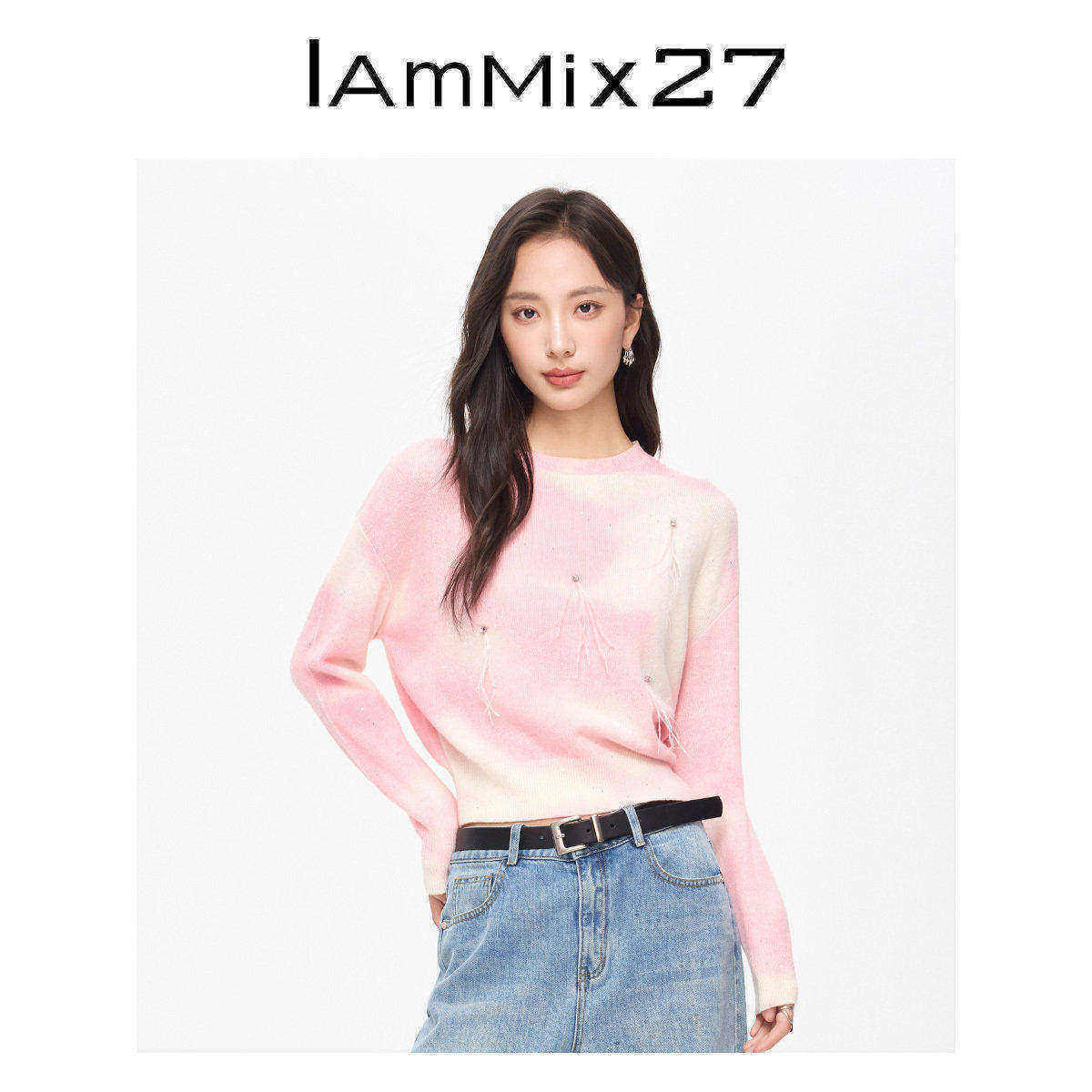 IAmMIX27圆领套头毛衫女设计感晕染羽毛亮片绣绵羊毛混纺短款毛衣