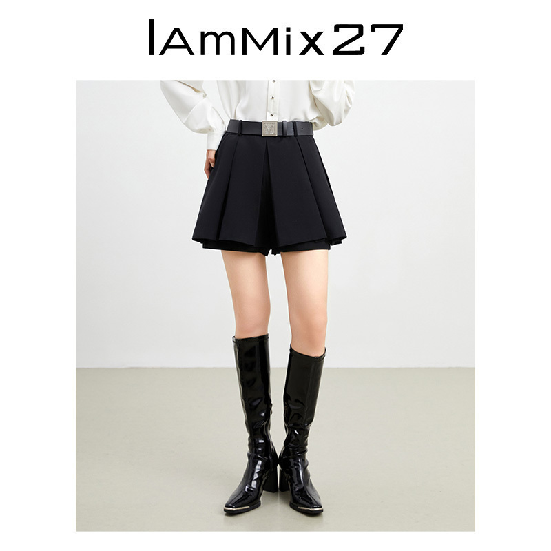 IAmMIX27黑色高腰短裤女修身显瘦a字阔腿休闲百搭外穿打底靴裤女