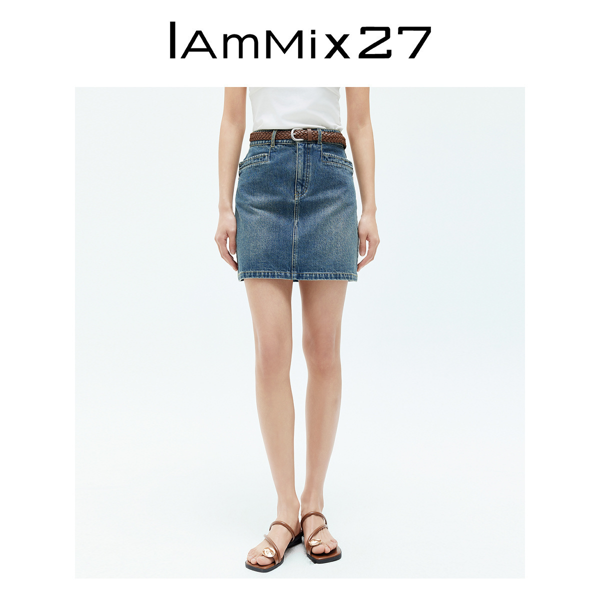 Iammix27简约高腰全棉牛仔短裙