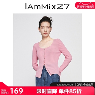 百搭修身 IAmMIX27法式 女薄款 针织上衣女 圆领针织衫 半开襟休闲长袖