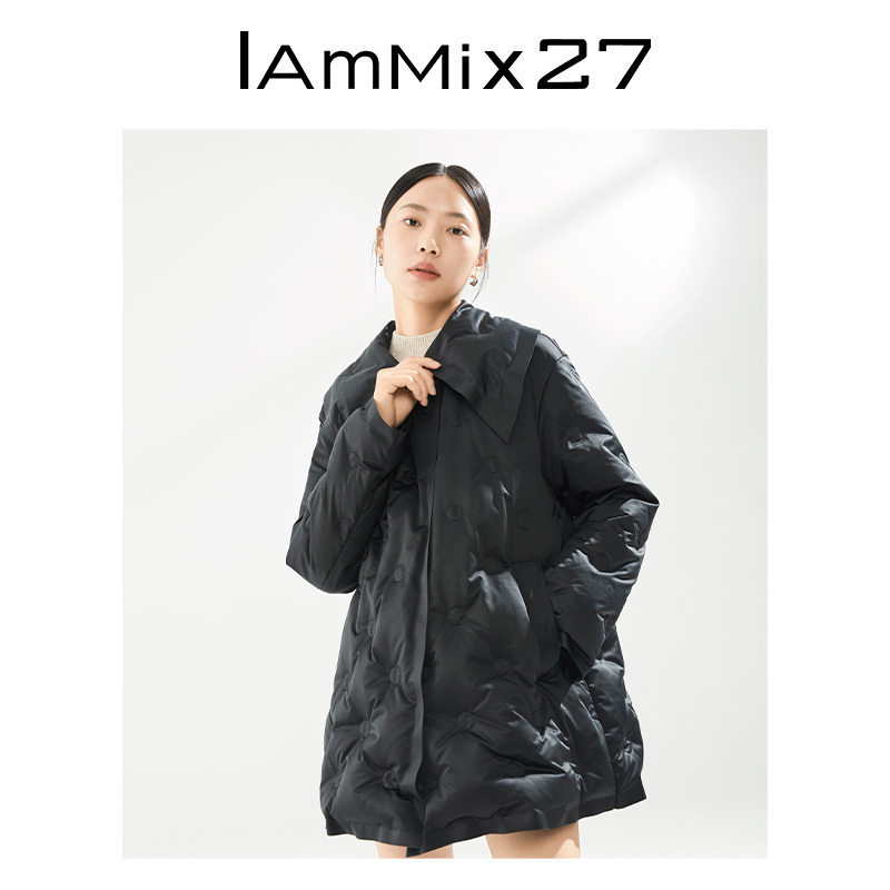 IAmMIX27秋冬轻薄羽绒服女宽松中长款休闲复古娃娃领白鸭绒外套女