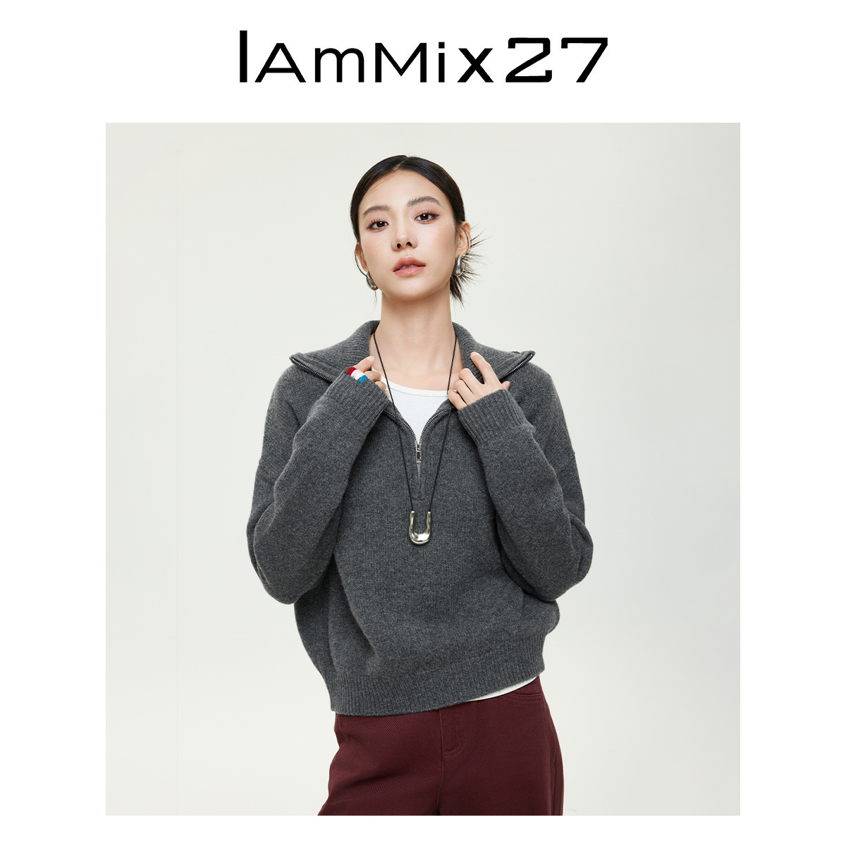 iammix27全绵羊毛半开领套头毛衣