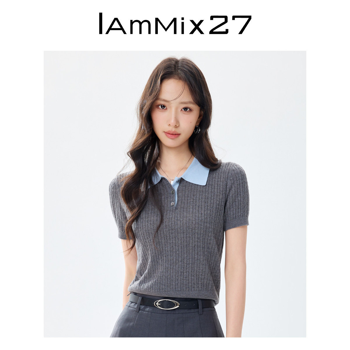IAmMIX27POLO领针织衫女短袖薄款亲肤透气莱赛尔亚麻混纺套头上衣