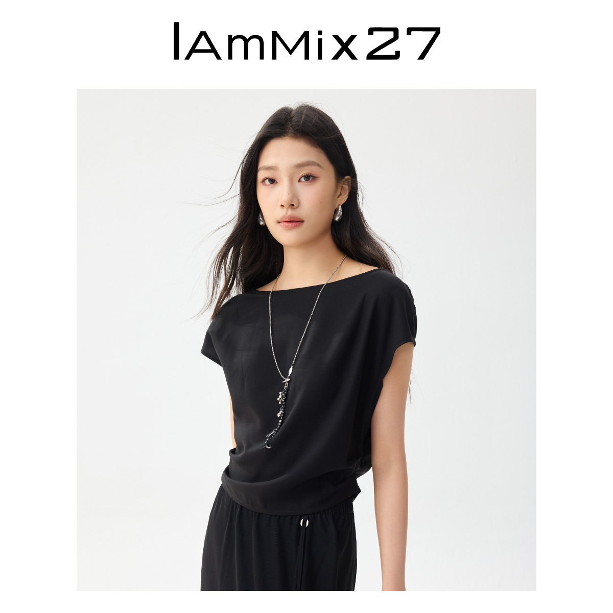 IAmMIX27夏季一字肩套头上衣女包袖宽松薄款醋纤亲肤透气黑色T恤