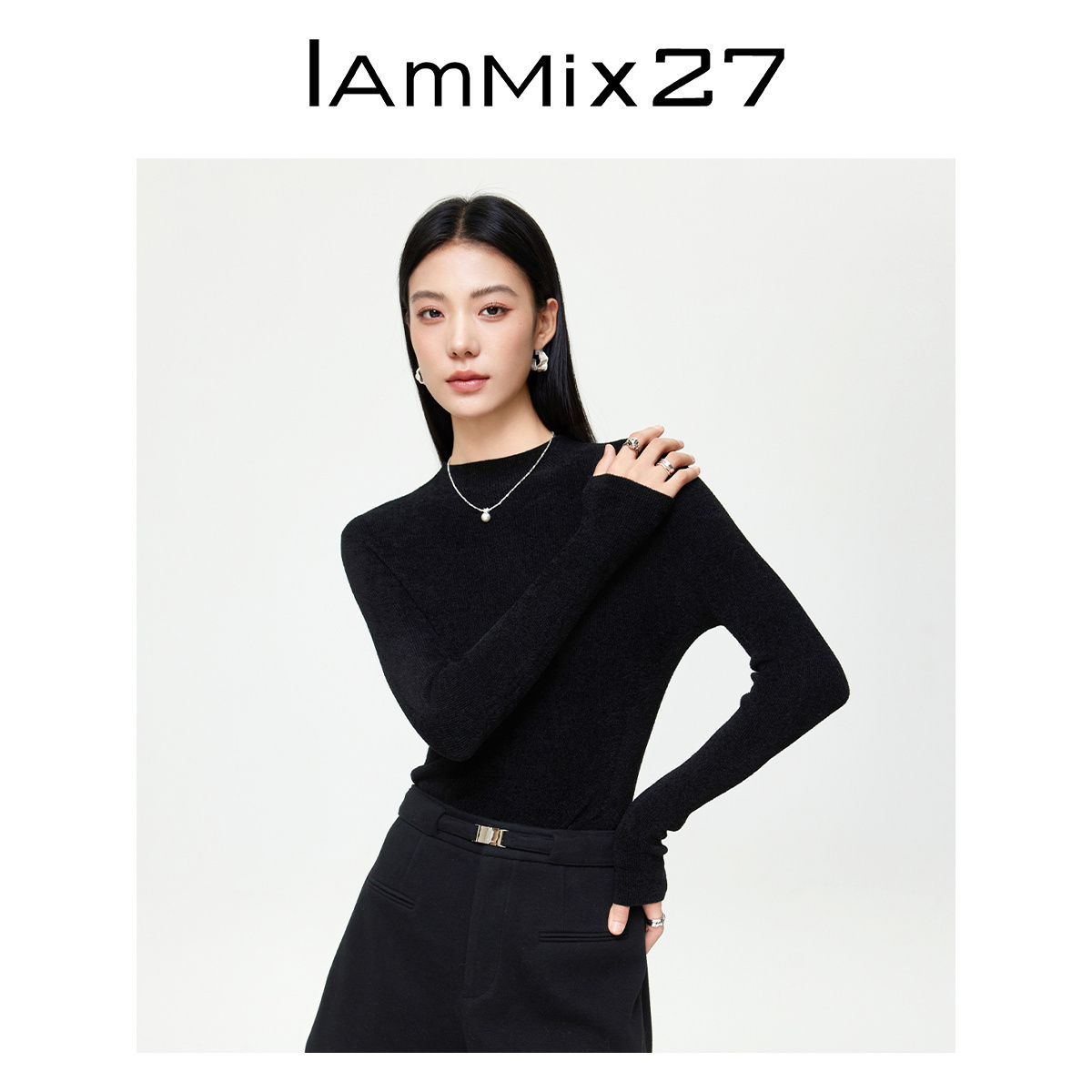 iammix27黑色修身套头圆领针织衫