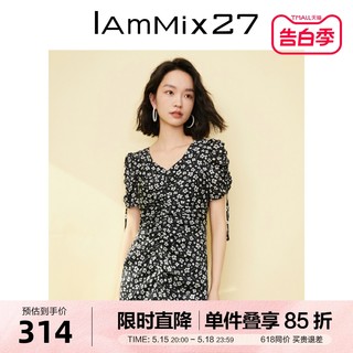 IAmMIX27夏季v领连衣裙女高腰显瘦法式复古田园风小碎花雪纺裙女